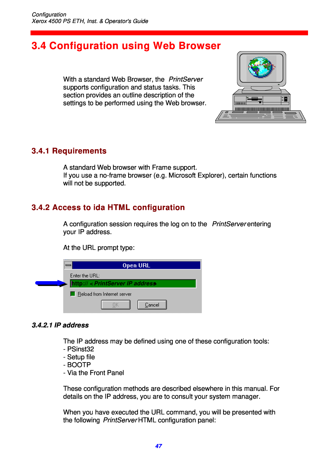 Xerox 4500 ps eth Configuration using Web Browser, Requirements, Access to ida HTML configuration, IP address 