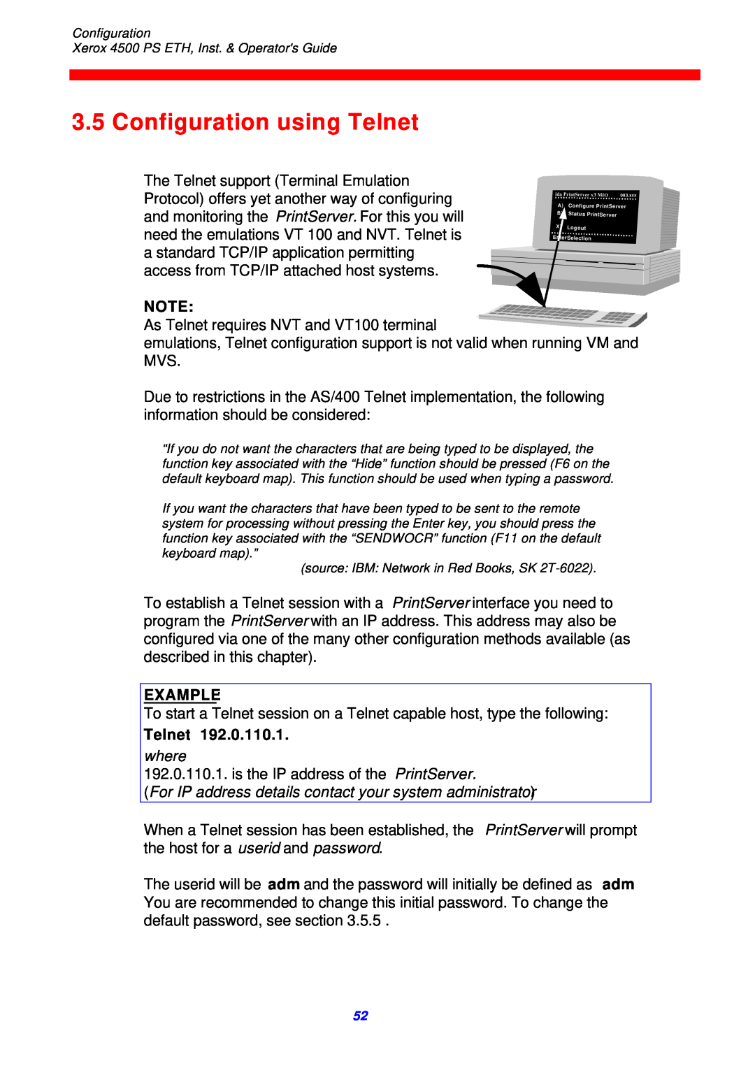 Xerox 4500 ps eth Configuration using Telnet, Example, where, For IP address details contact your system administrator 
