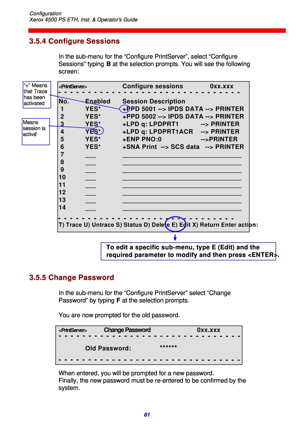 Xerox 4500 ps eth Configure Sessions, Change Password, Configure sessions, Enabled, Session Description, +LPD q LPDPRT1 
