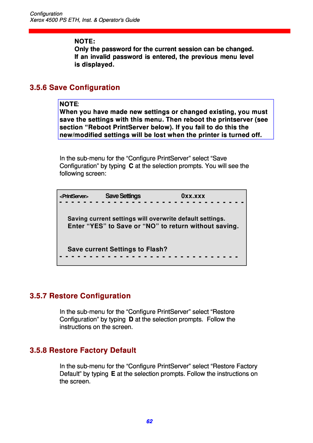 Xerox 4500 ps eth Save Configuration, Restore Configuration, Restore Factory Default, Save current Settings to Flash? 