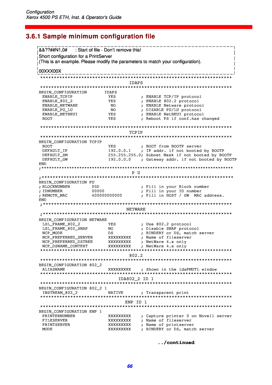 Xerox 4500 ps eth Sample minimum configuration file, continued, Configuration Xerox 4500 PS ETH, Inst. & Operators Guide 