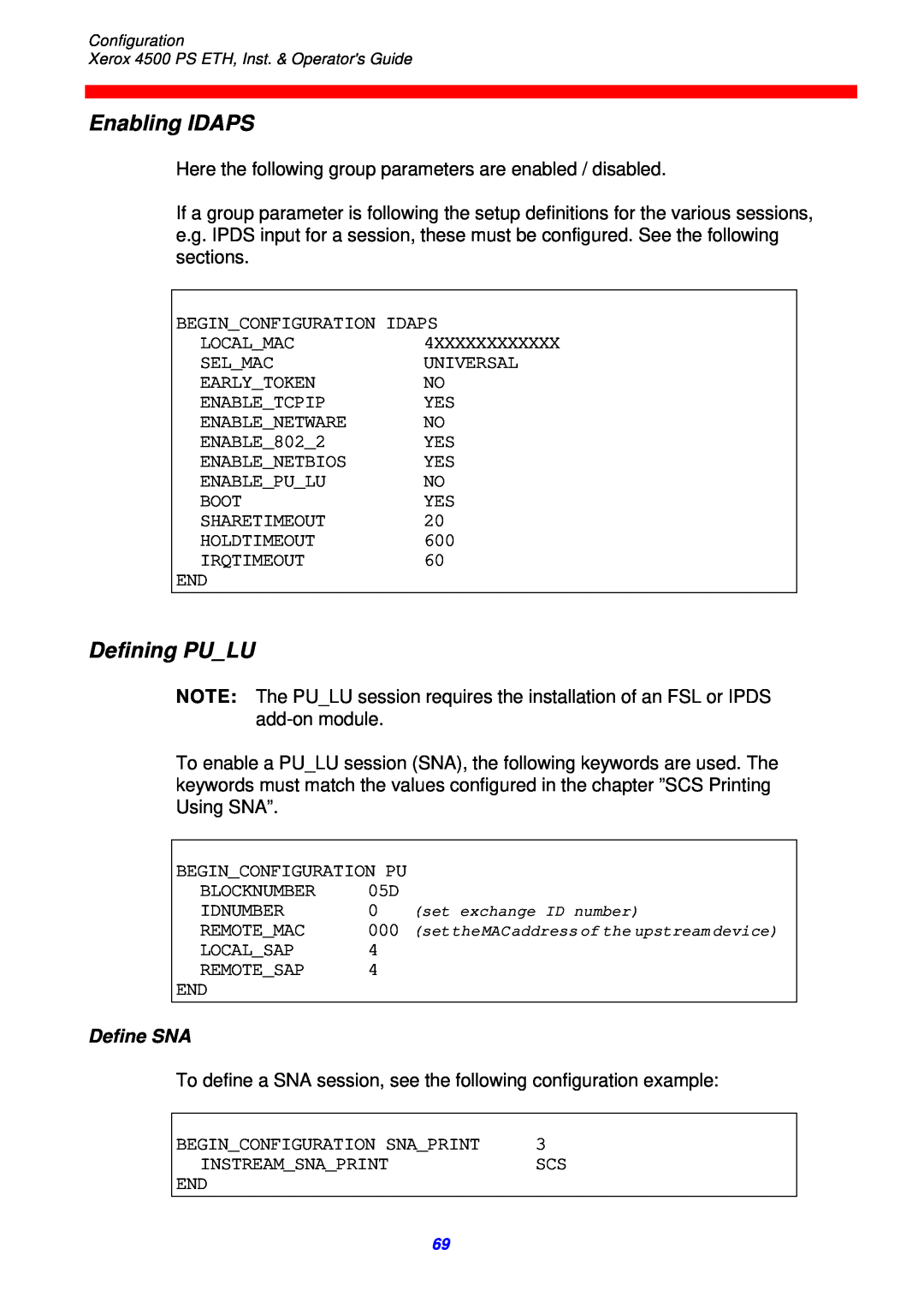 Xerox 4500 ps eth instruction manual Enabling IDAPS, Defining PULU, Define SNA 