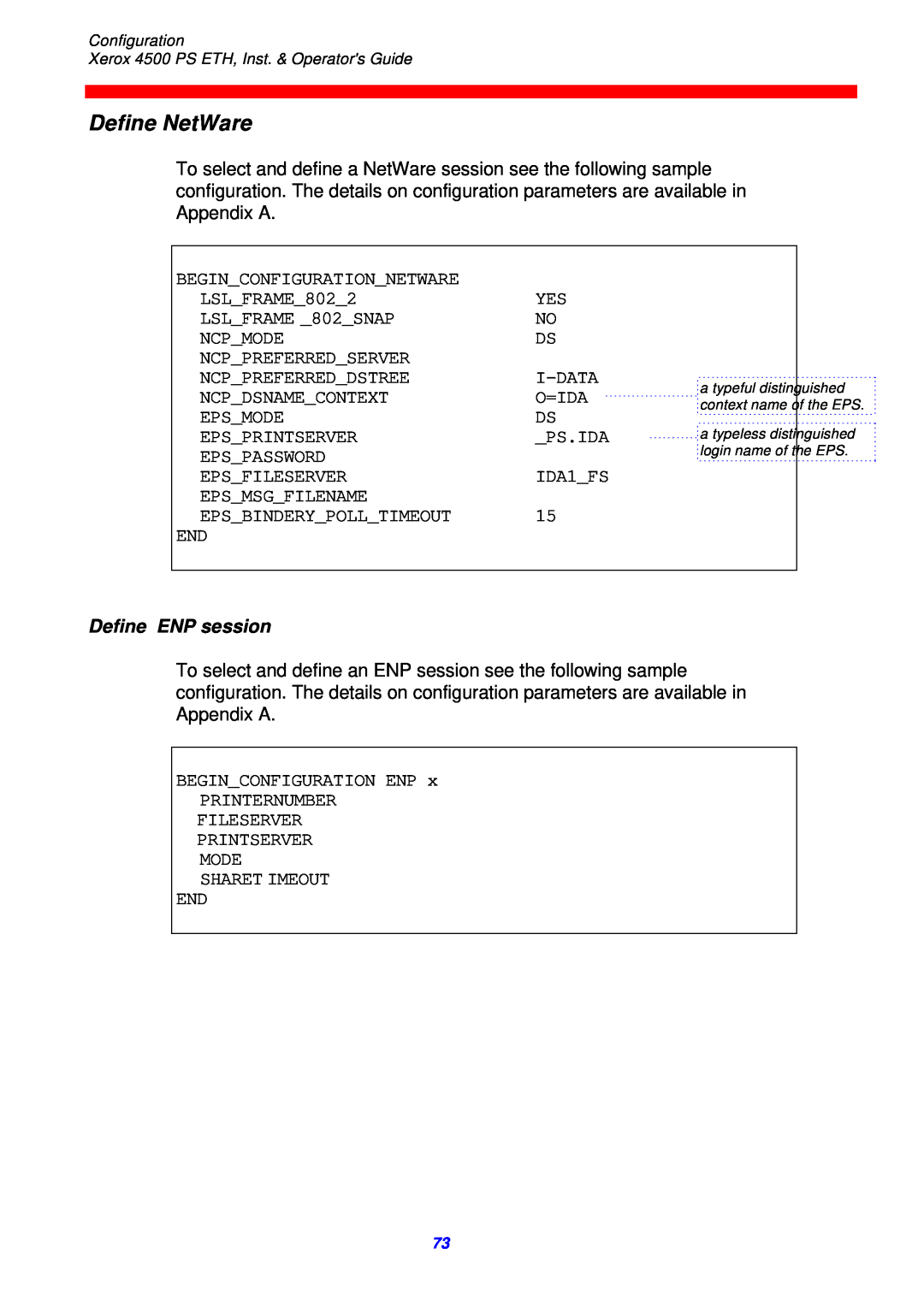 Xerox 4500 ps eth instruction manual Define NetWare, Define ENP session 