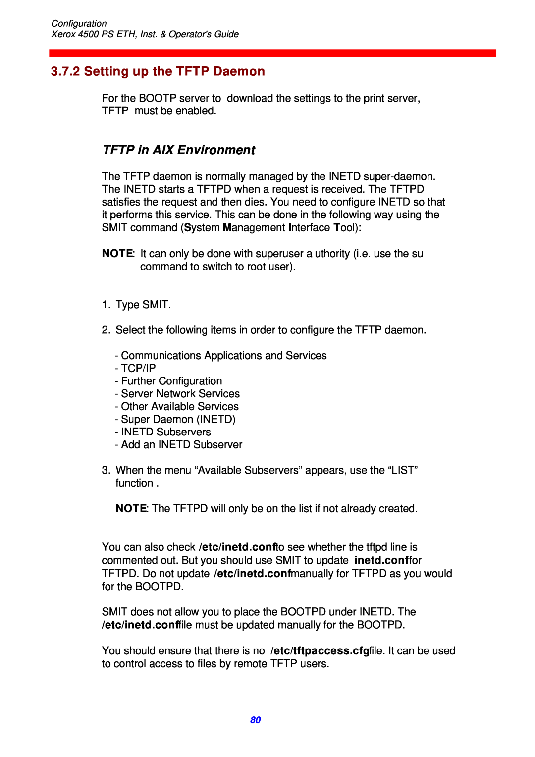 Xerox 4500 ps eth instruction manual Setting up the TFTP Daemon, TFTP in AIX Environment 
