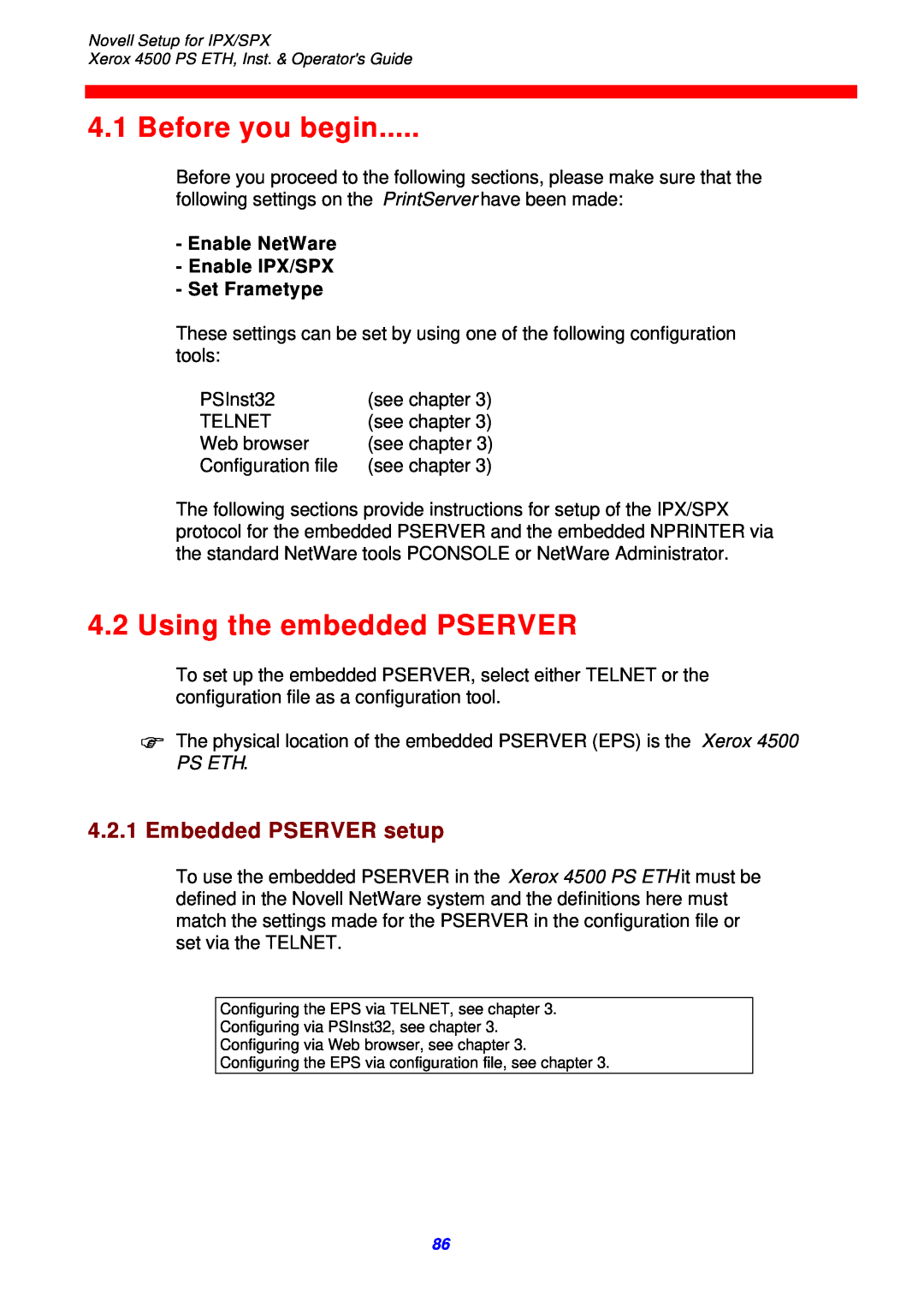 Xerox 4500 ps eth instruction manual Before you begin, Using the embedded PSERVER, Embedded PSERVER setup, Ps Eth 