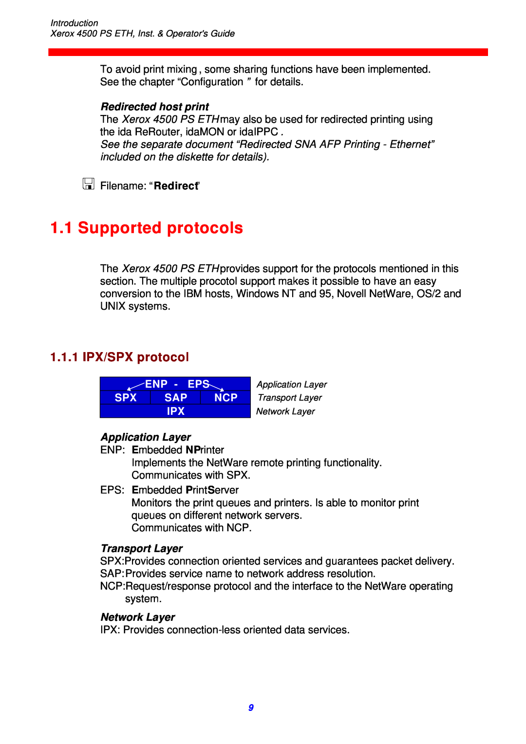 Xerox 4500 ps eth Supported protocols, 1.1.1 IPX/SPX protocol, Redirected host print, Application Layer, Transport Layer 