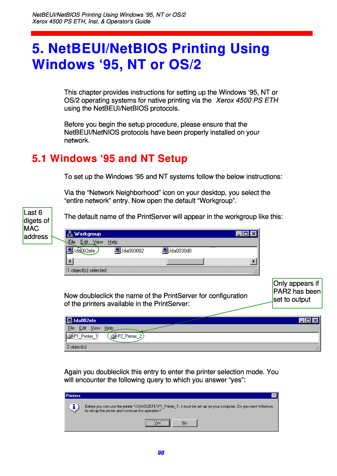 Xerox 4500 ps eth instruction manual NetBEUI/NetBIOS Printing Using Windows ‘95, NT or OS/2, Windows ‘95 and NT Setup 