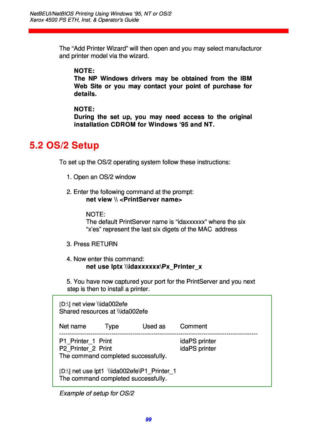 Xerox 4500 ps eth instruction manual 5.2 OS/2 Setup, net use lptx \\idaxxxxxx\PxPrinterx, Example of setup for OS/2 
