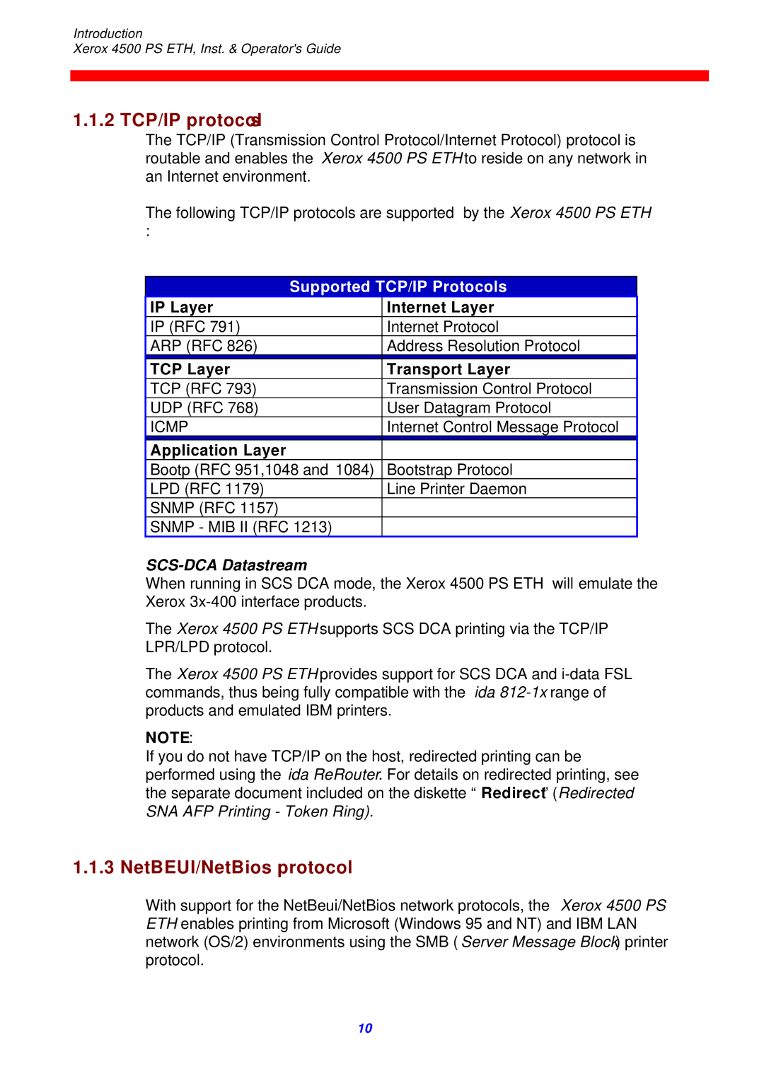 Xerox 4500 ps eth instruction manual 2 TCP/IP protocols, NetBEUI/NetBios protocol, SCS-DCA Datastream 