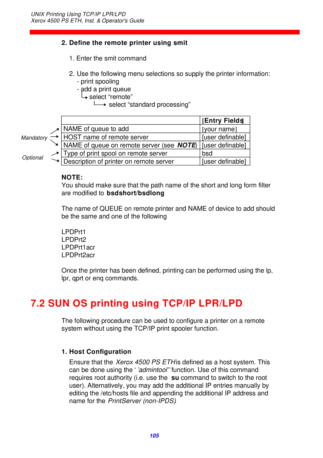 Xerox 4500 ps eth instruction manual SUN OS printing using TCP/IP LPR/LPD 