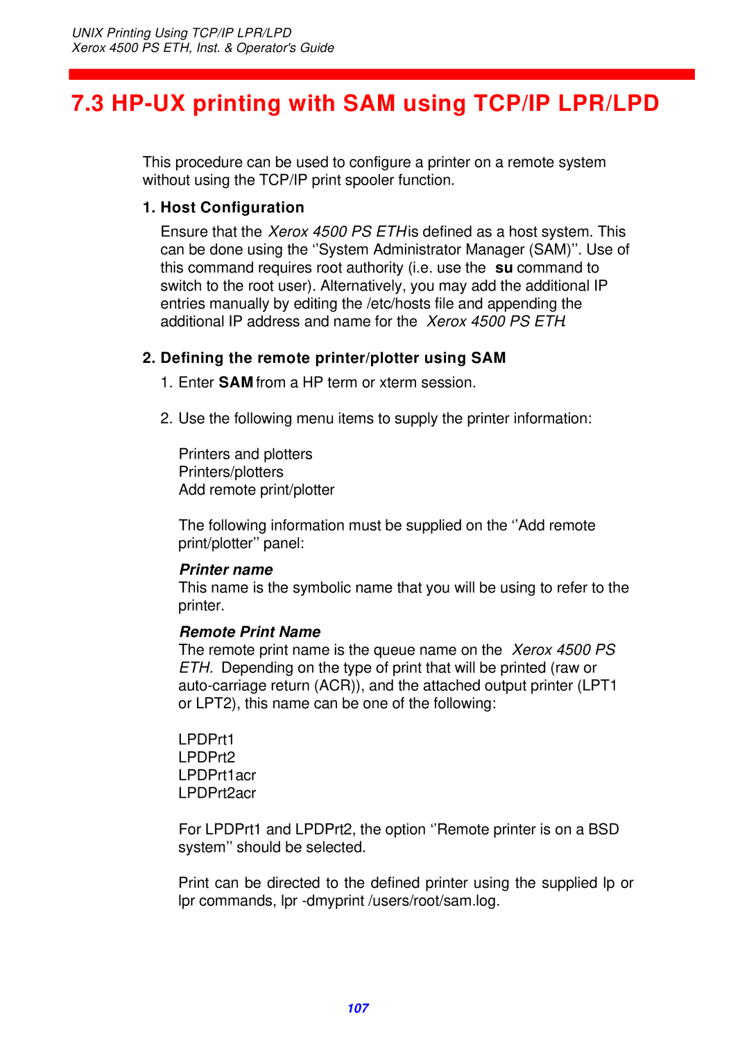 Xerox 4500 ps eth HP-UX printing with SAM using TCP/IP LPR/LPD, Defining the remote printer/plotter using SAM 