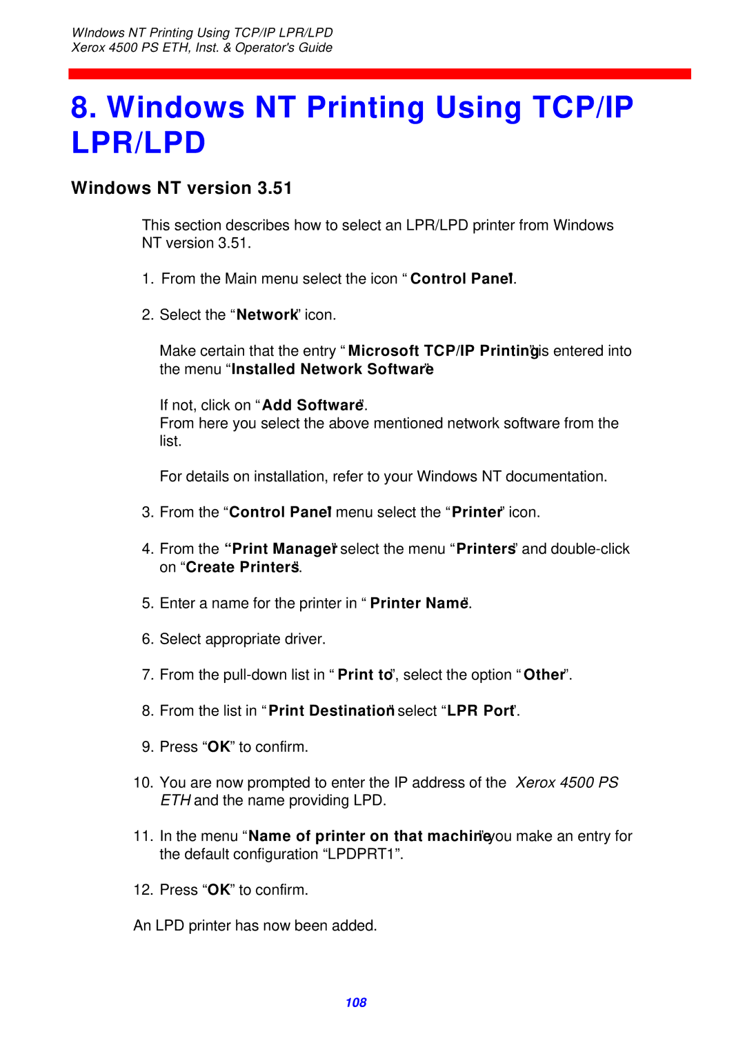 Xerox 4500 ps eth instruction manual Windows NT Printing Using TCP/IP LPR/LPD, Windows NT version 