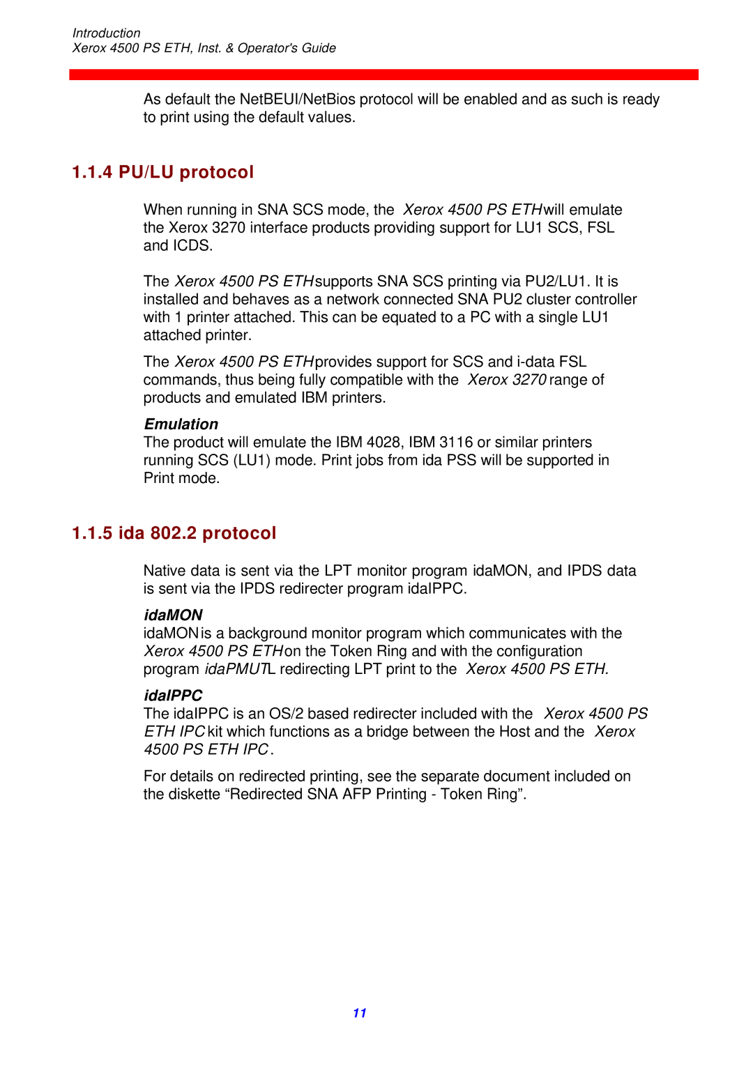 Xerox 4500 ps eth instruction manual 4 PU/LU protocol, Ida 802.2 protocol, Emulation, IdaMON, IdaIPPC 