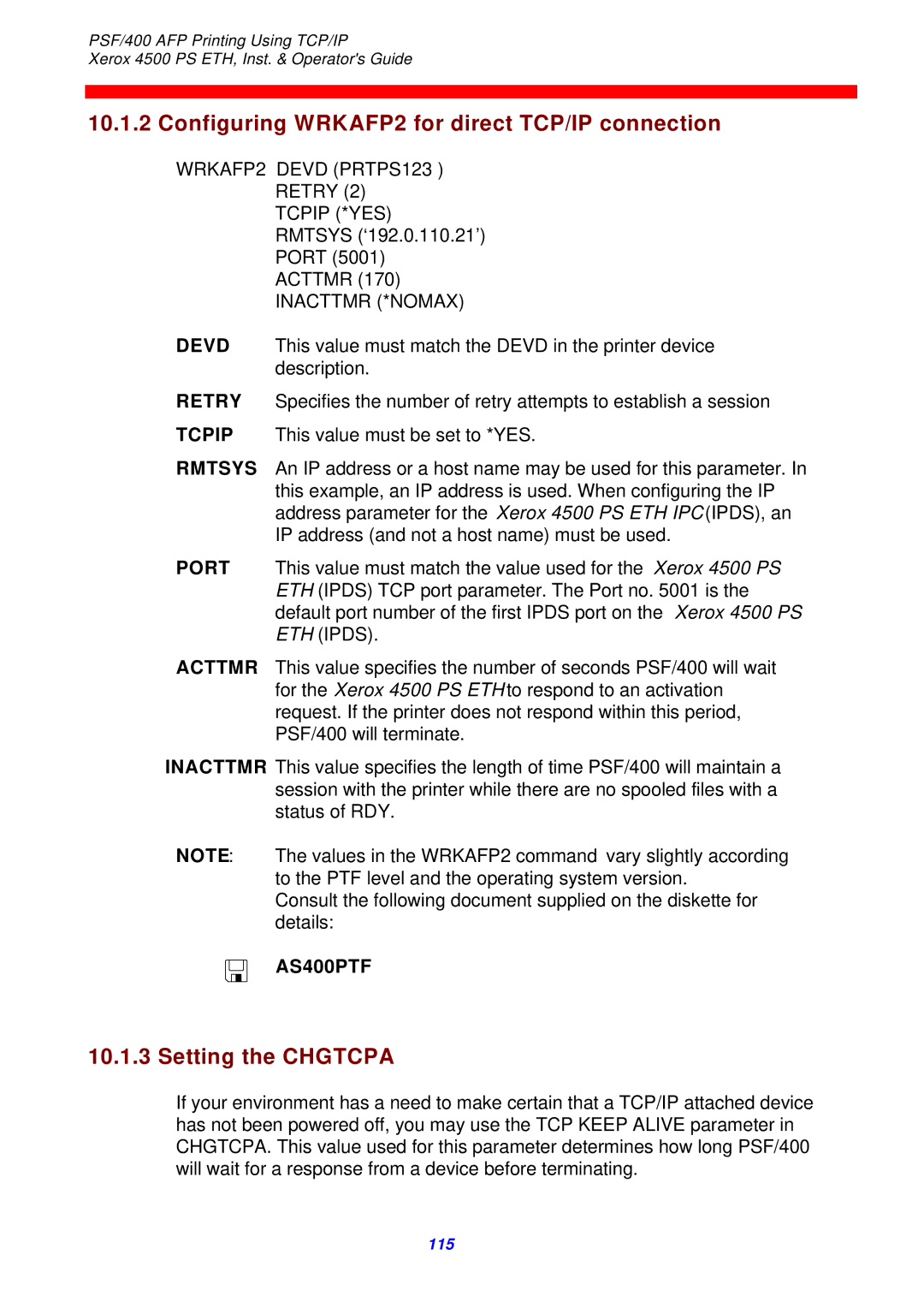 Xerox 4500 ps eth instruction manual Configuring WRKAFP2 for direct TCP/IP connection, Setting the Chgtcpa, AS400PTF 