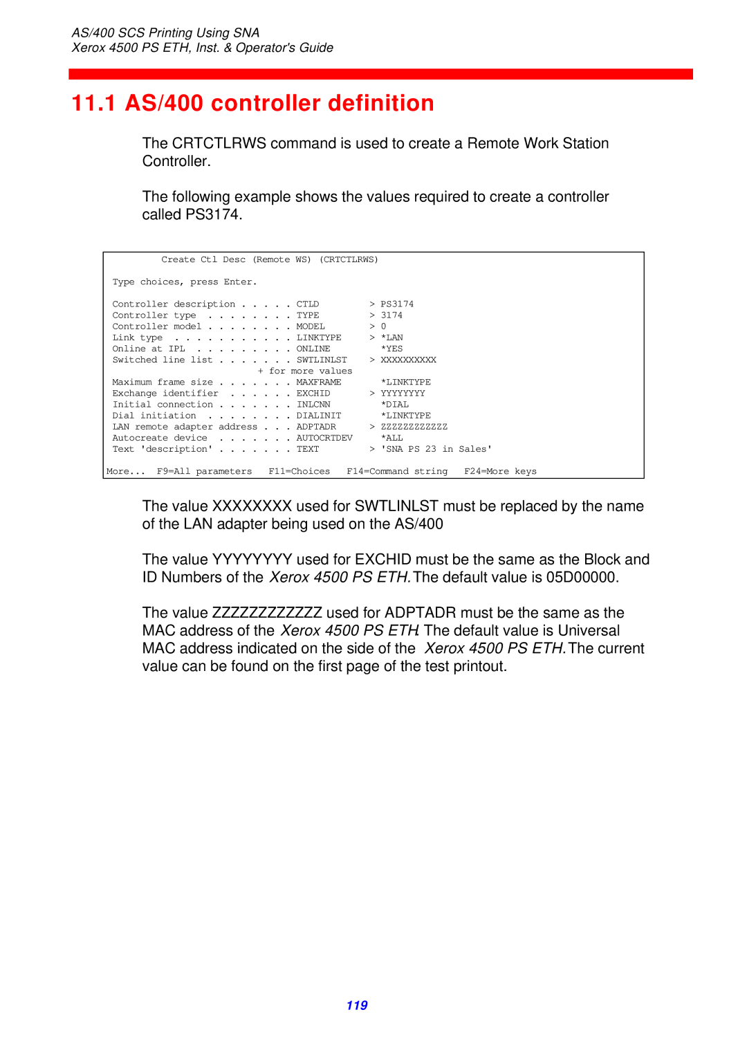 Xerox 4500 ps eth instruction manual 11.1 AS/400 controller definition, All 