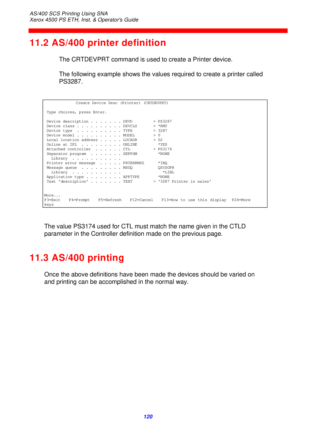 Xerox 4500 ps eth instruction manual 11.2 AS/400 printer definition, 11.3 AS/400 printing 