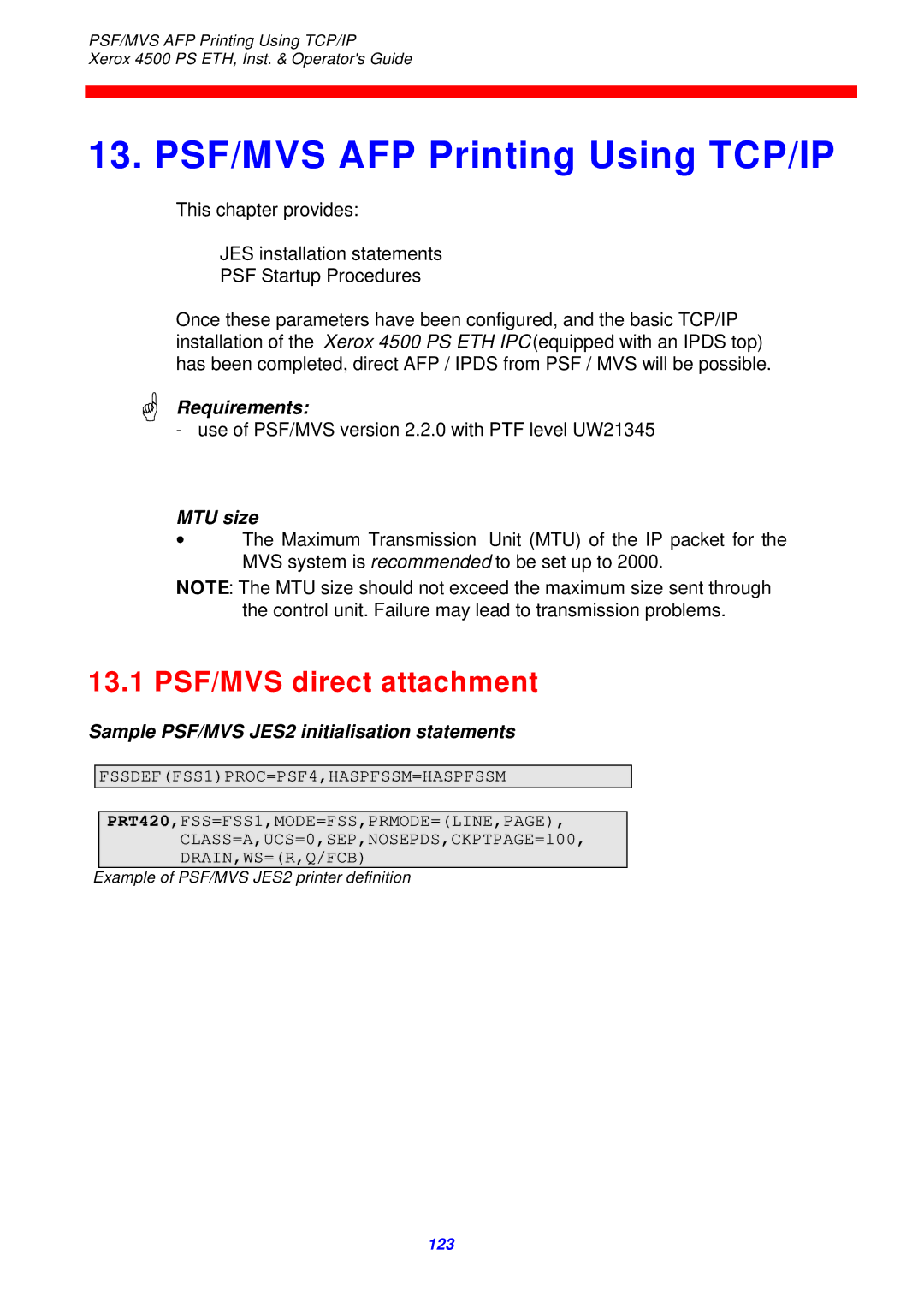 Xerox 4500 ps eth instruction manual PSF/MVS AFP Printing Using TCP/IP, 13.1 PSF/MVS direct attachment, MTU size 