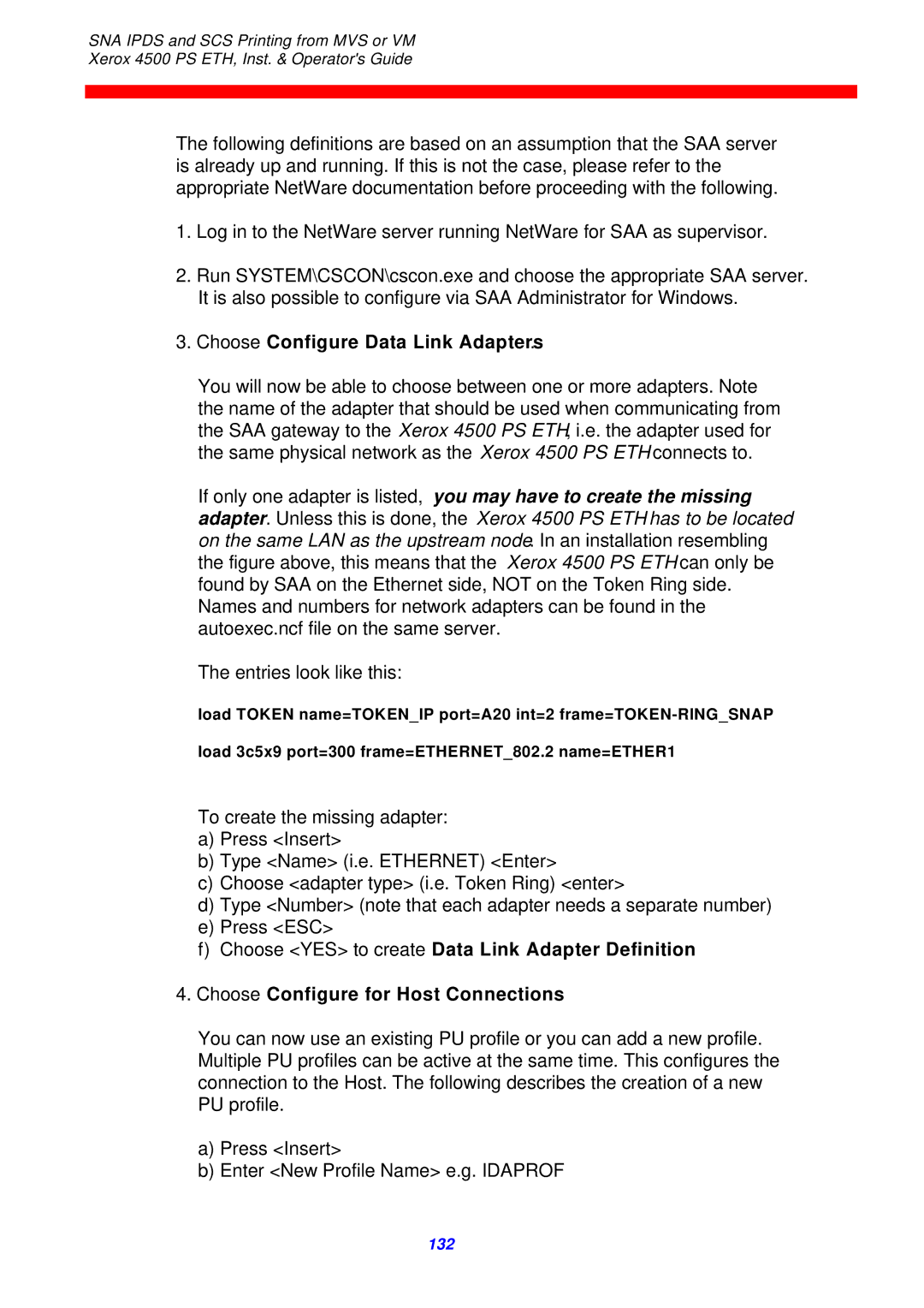 Xerox 4500 ps eth instruction manual Choose Configure Data Link Adapters, Entries look like this 