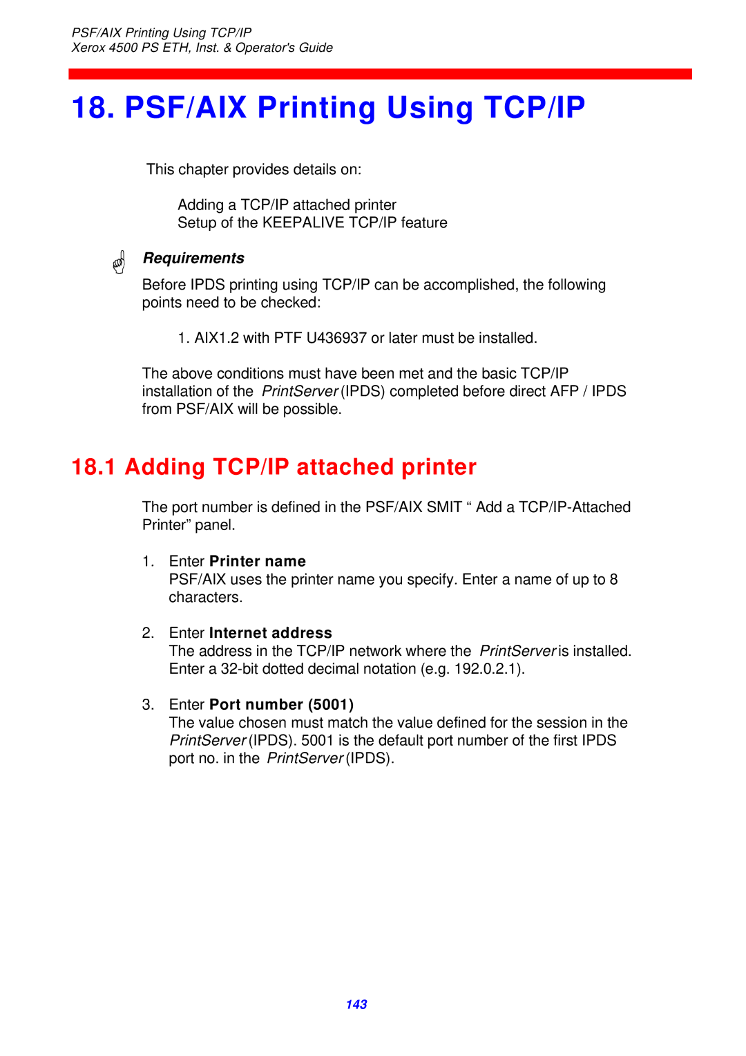 Xerox 4500 ps eth PSF/AIX Printing Using TCP/IP, Adding TCP/IP attached printer, Enter Printer name, Enter Port number 