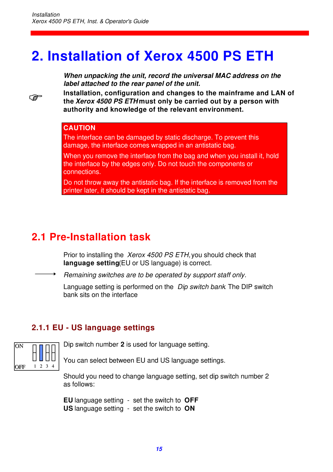 Xerox 4500 ps eth instruction manual Installation of Xerox 4500 PS ETH, Pre-Installation task, EU US language settings 