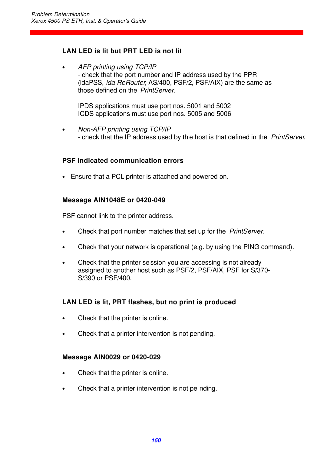 Xerox 4500 ps eth LAN LED is lit but PRT LED is not lit, PSF indicated communication errors, Message AIN1048E or 