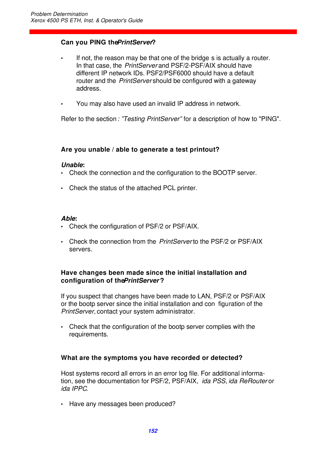 Xerox 4500 ps eth Can you Ping thePrintServer?, Are you unable / able to generate a test printout?, Unable, Able 