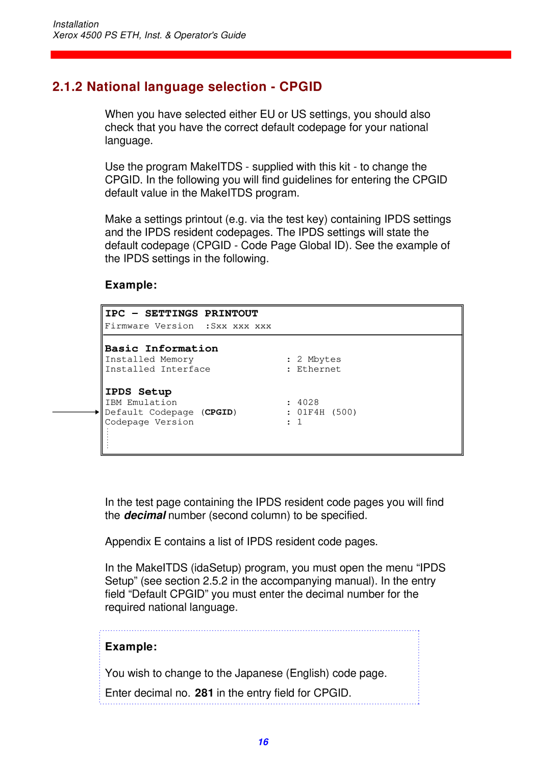 Xerox 4500 ps eth instruction manual National language selection Cpgid, Example 