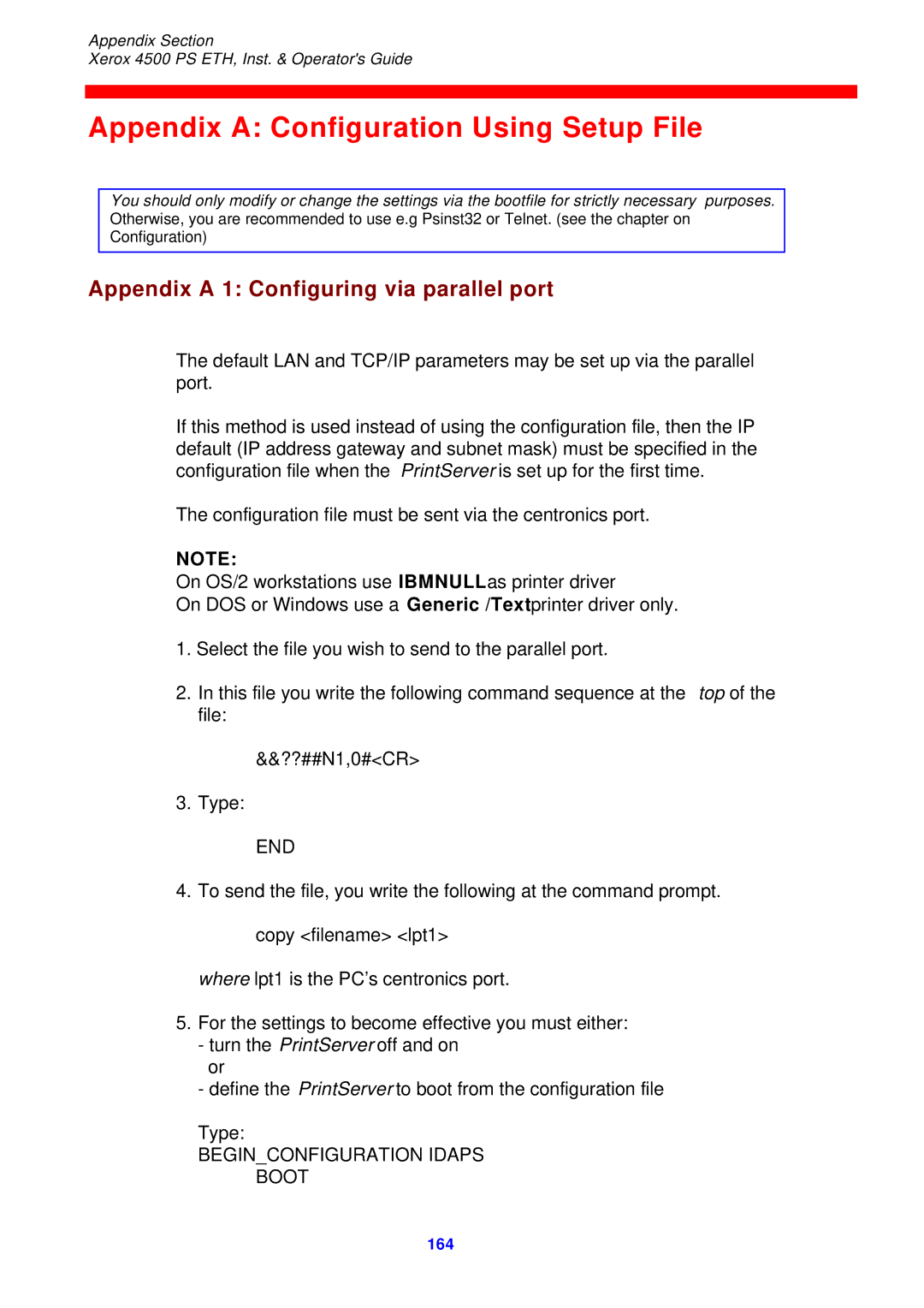 Xerox 4500 ps eth instruction manual Appendix a Configuration Using Setup File, Appendix a 1 Configuring via parallel port 