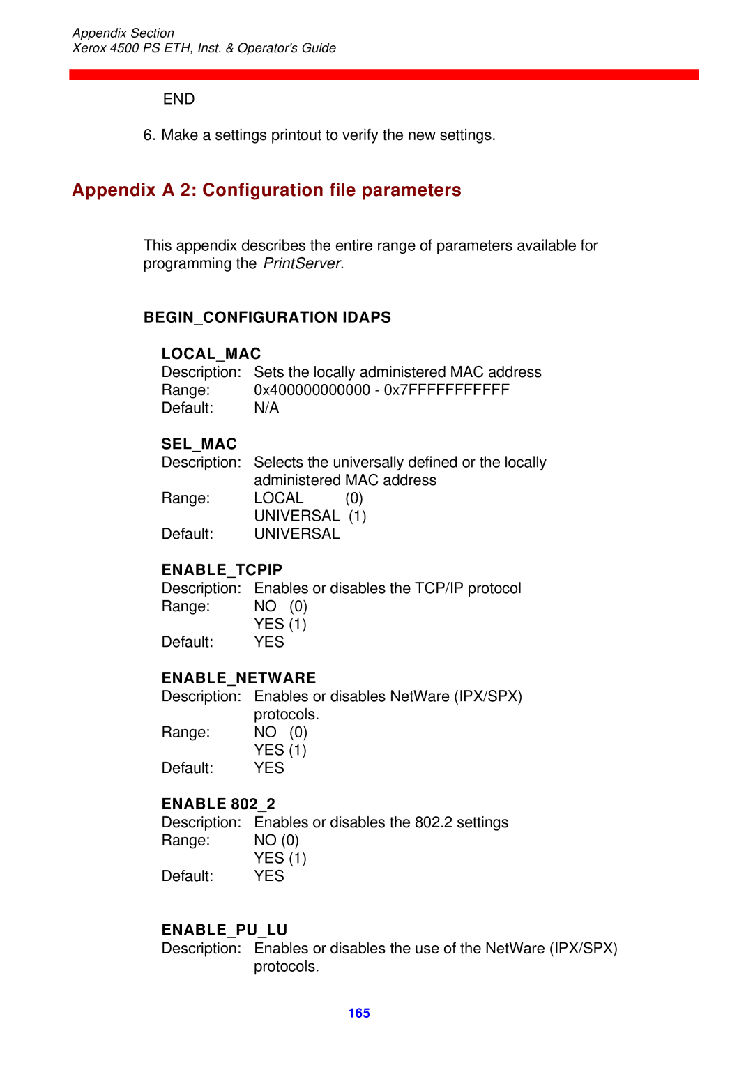 Xerox 4500 ps eth instruction manual Appendix a 2 Configuration file parameters 