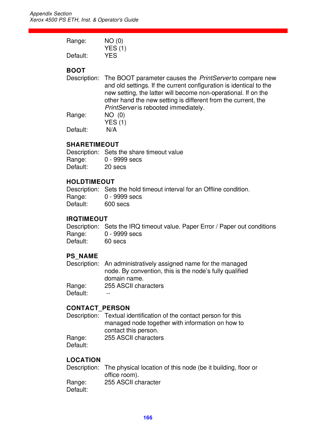 Xerox 4500 ps eth instruction manual Boot, Sharetimeout, Holdtimeout, Irqtimeout, Psname, Contactperson, Location 