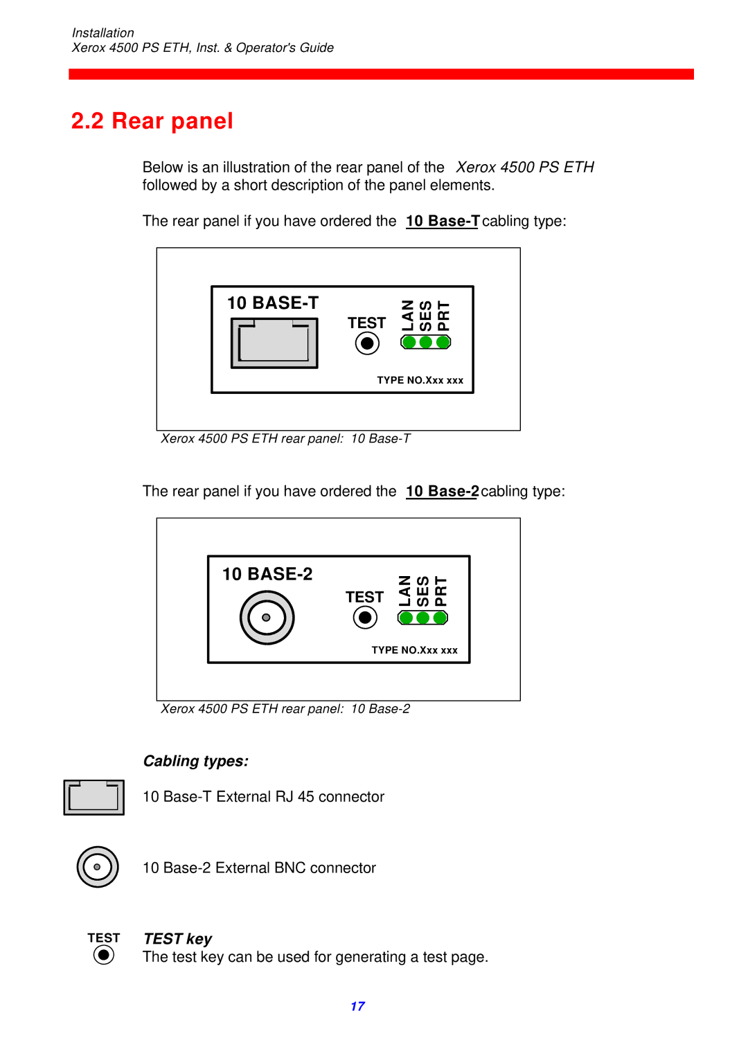 Xerox 4500 ps eth instruction manual Rear panel, Test LAN SES PRT, Cabling types, Test Test key 