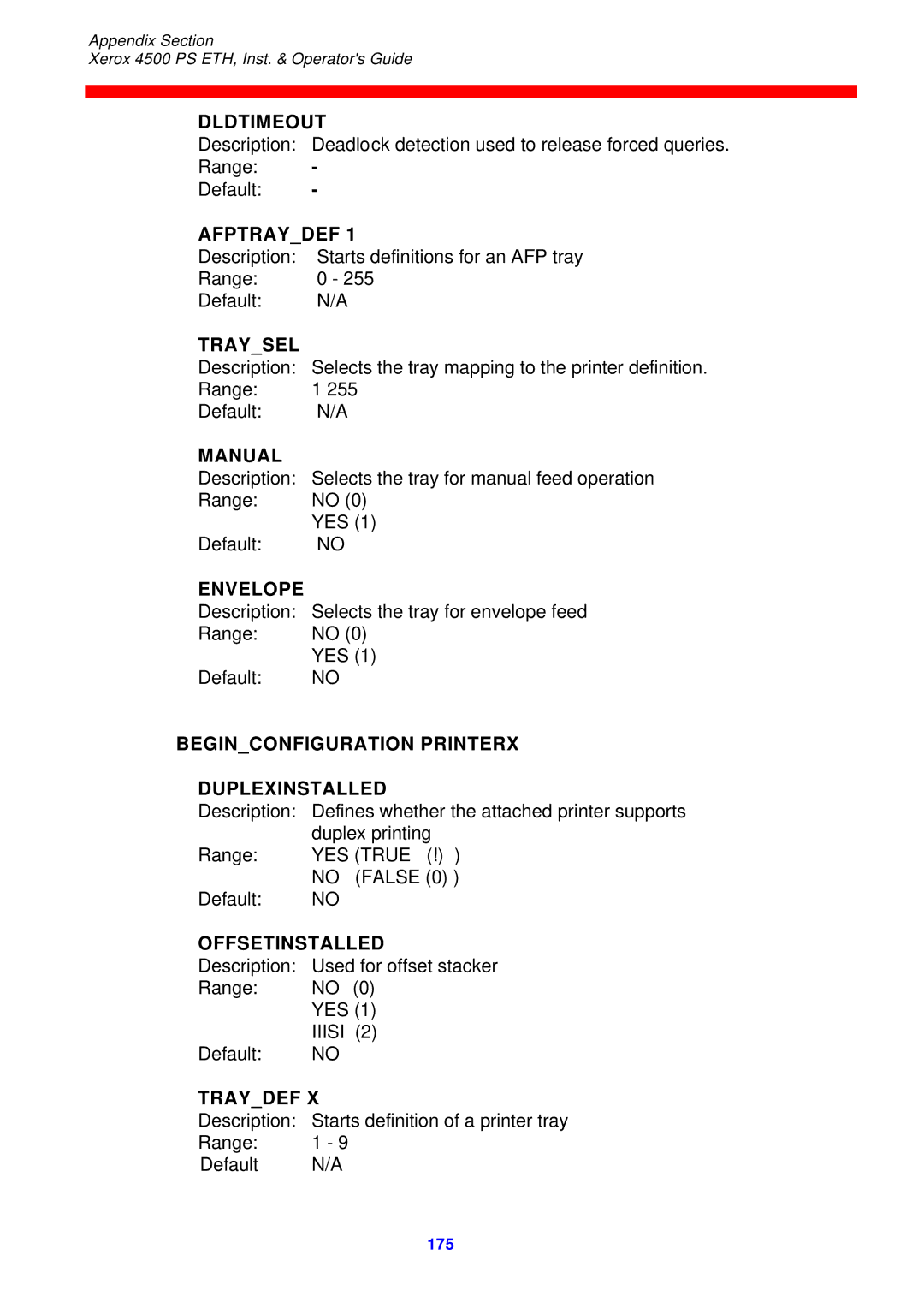 Xerox 4500 ps eth Dldtimeout, Afptraydef, Traysel, Manual, Envelope, Beginconfiguration Printerx Duplexinstalled, Traydef 