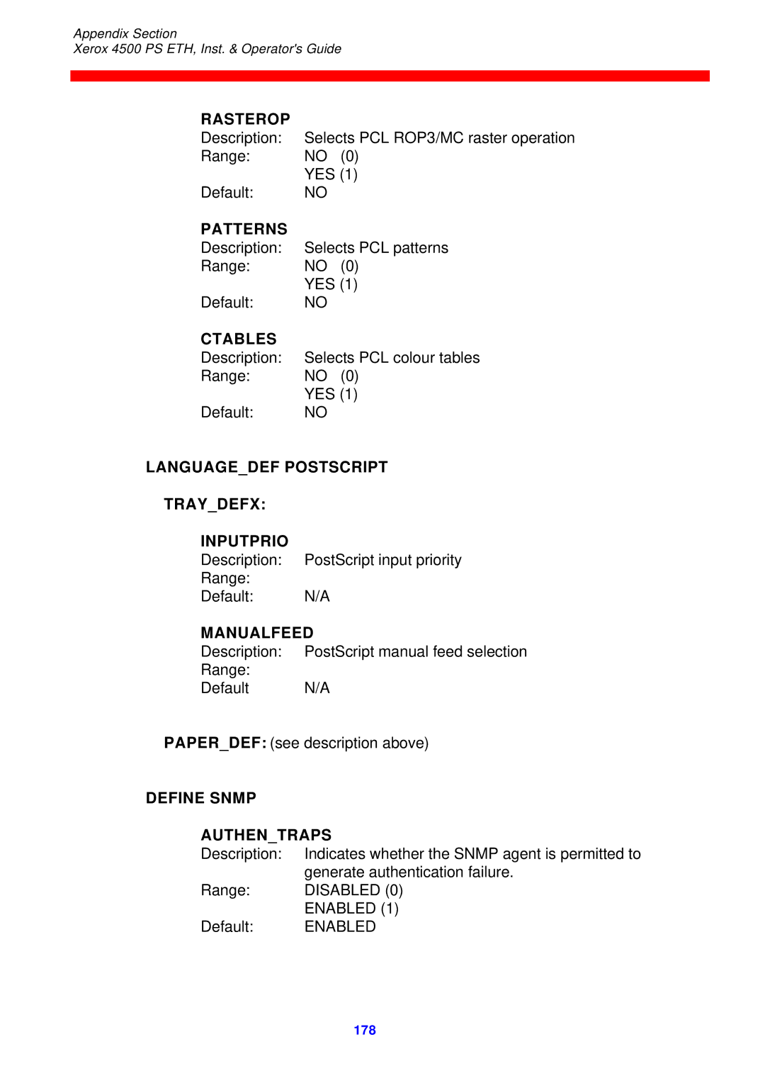 Xerox 4500 ps eth instruction manual Rasterop, Patterns, Ctables, Languagedef Postscript Traydefx Inputprio, Manualfeed 