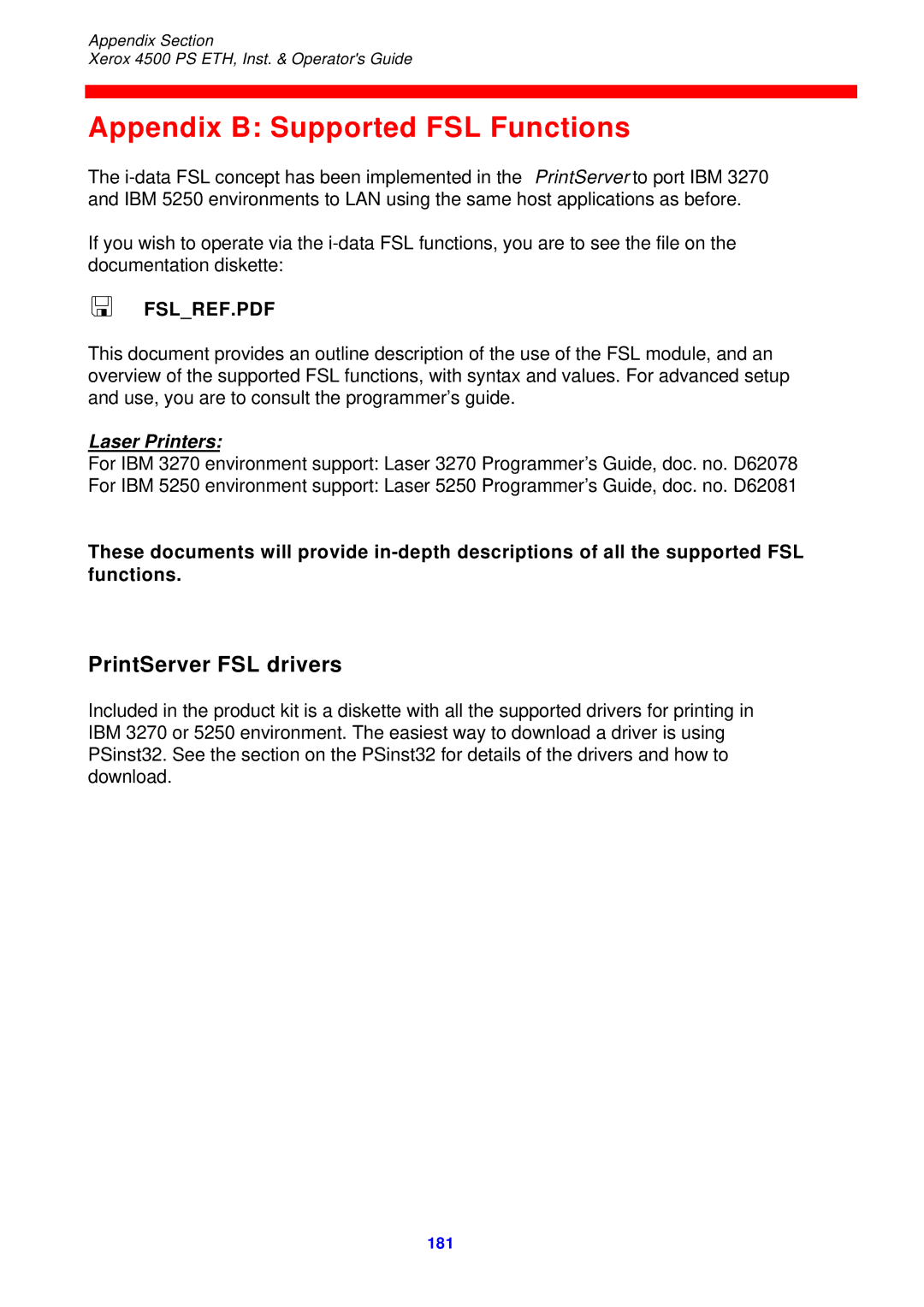 Xerox 4500 ps eth instruction manual Appendix B Supported FSL Functions, Laser Printers 