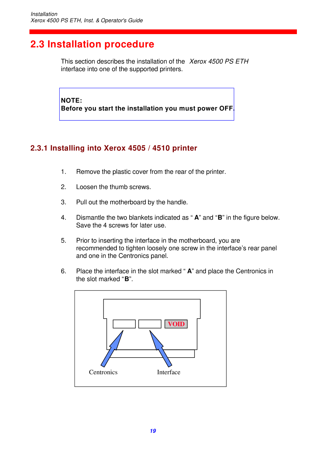 Xerox 4500 ps eth instruction manual Installation procedure, Installing into Xerox 4505 / 4510 printer 