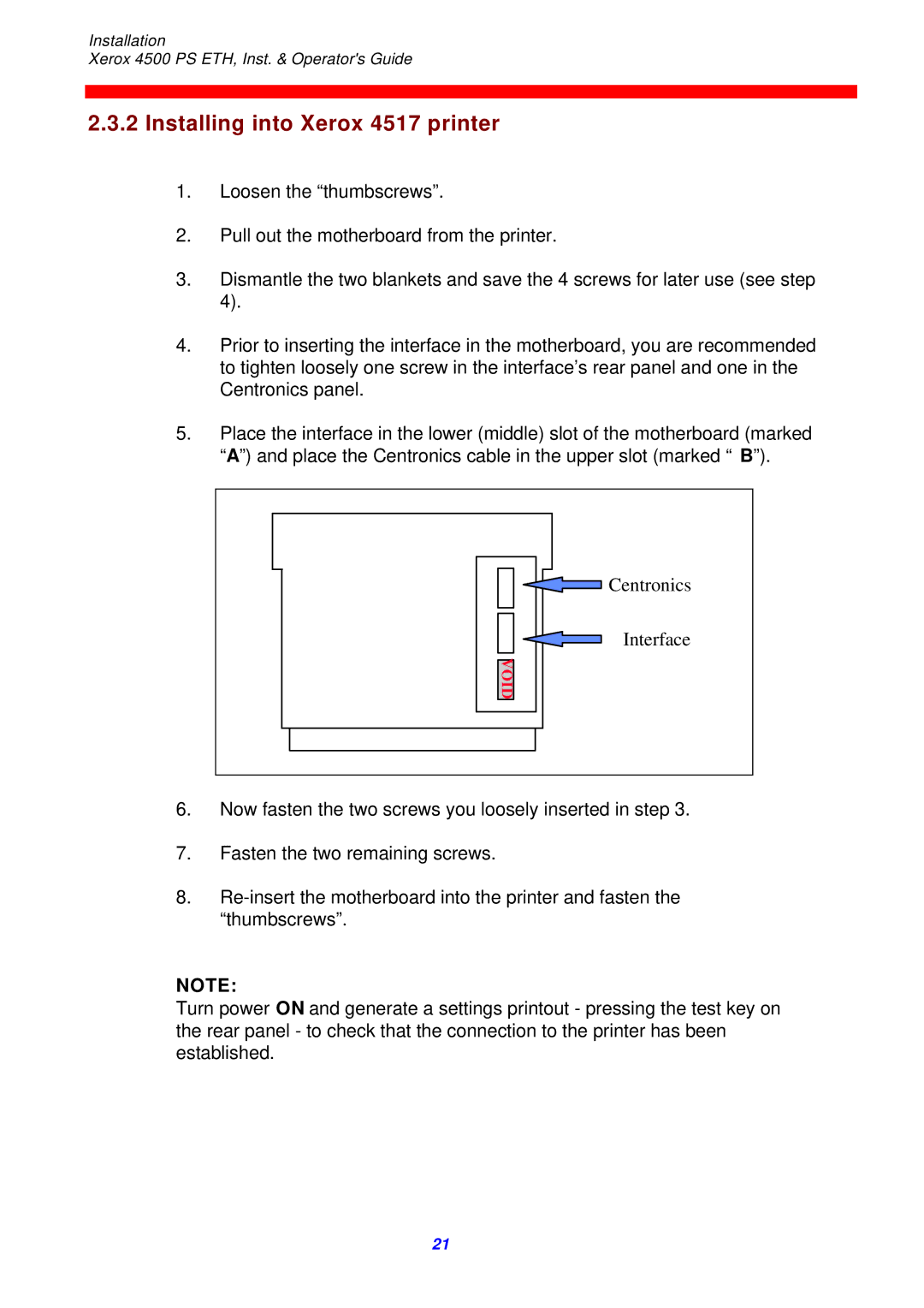 Xerox 4500 ps eth instruction manual Installing into Xerox 4517 printer 