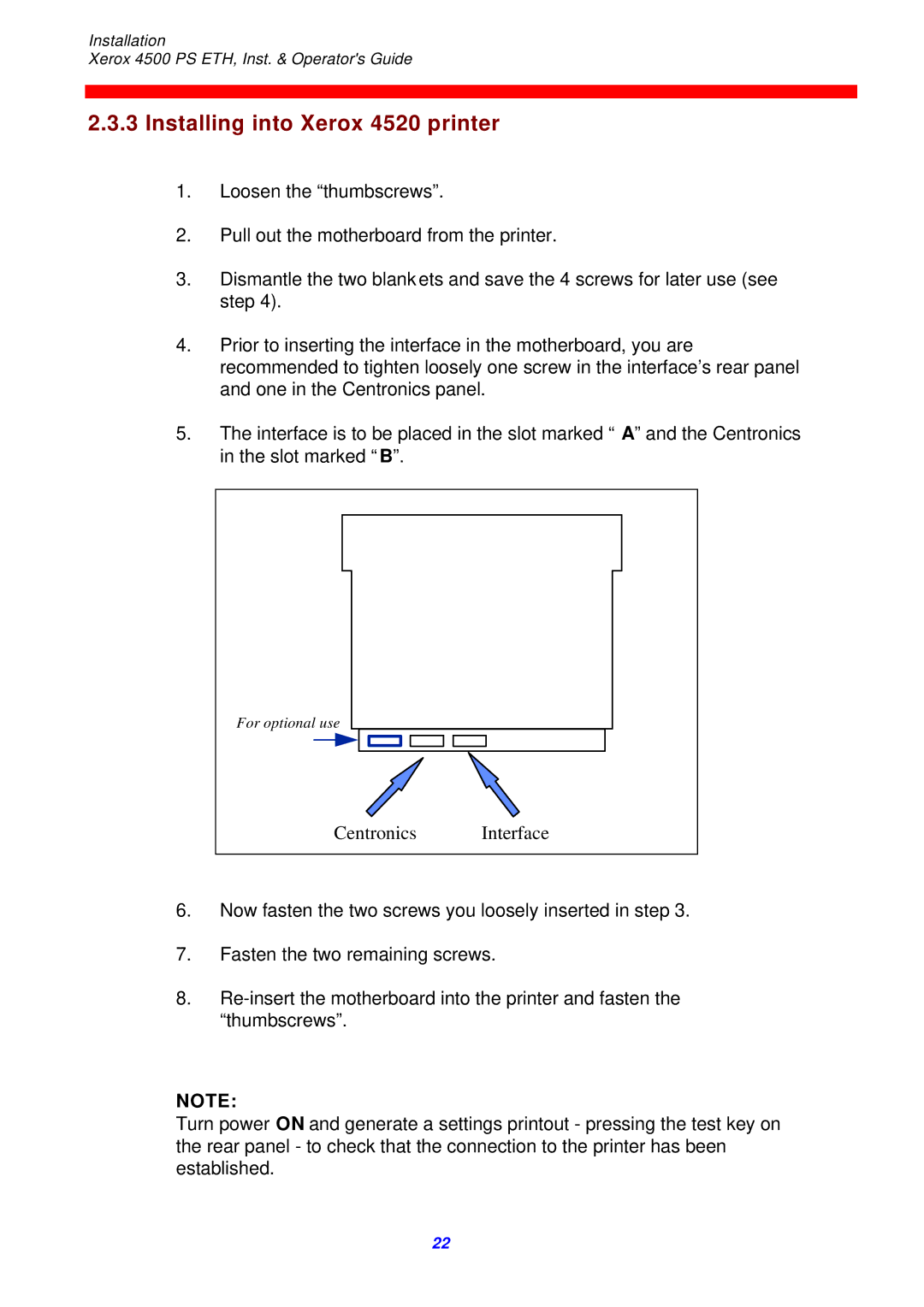 Xerox 4500 ps eth instruction manual Installing into Xerox 4520 printer 