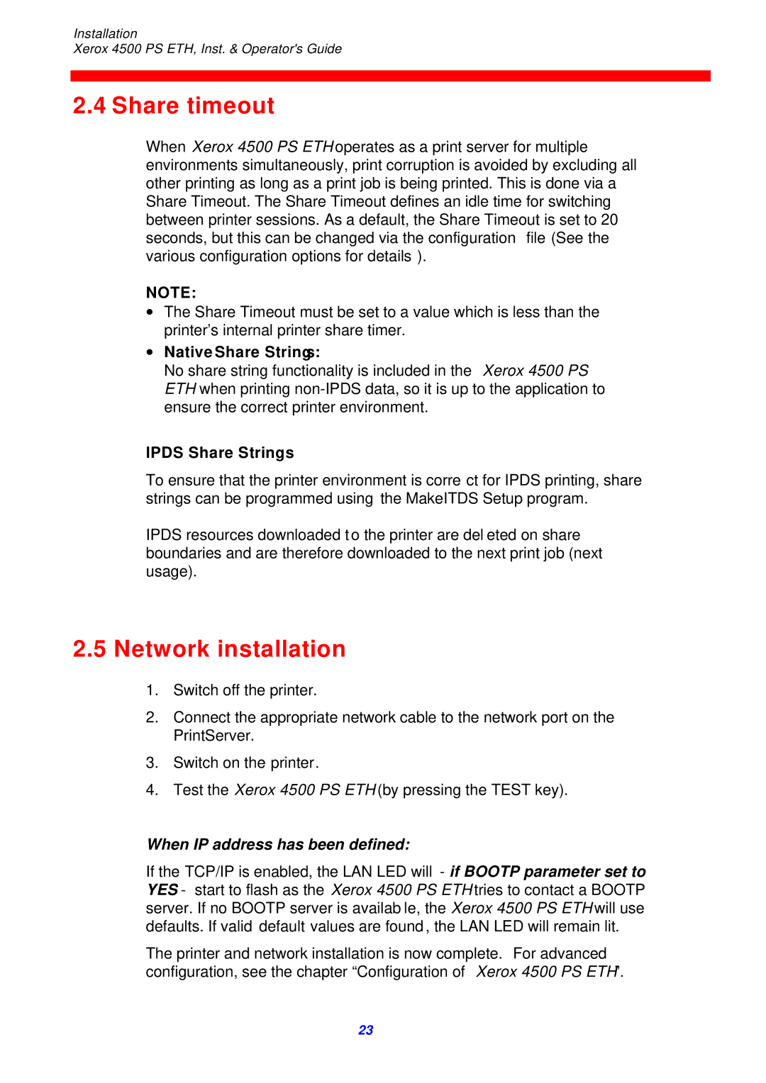 Xerox 4500 ps eth instruction manual Share timeout, Network installation, ∙ Native Share Strings, Ipds Share Strings 