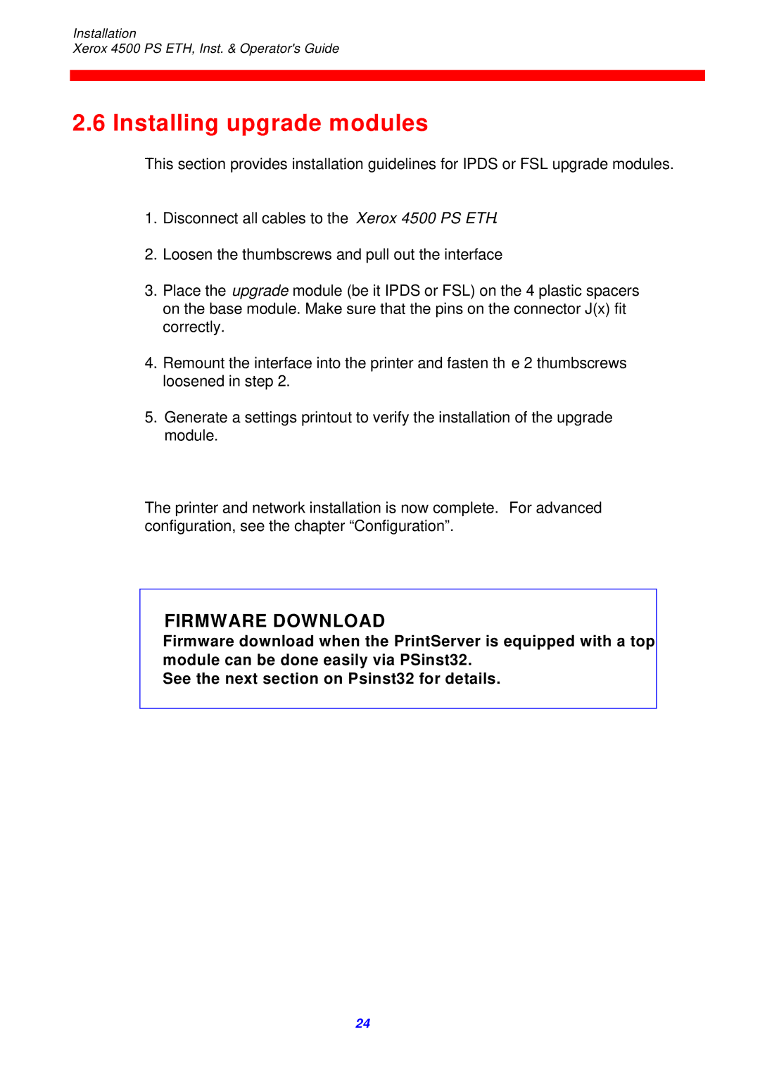 Xerox 4500 ps eth instruction manual Installing upgrade modules, Firmware Download 