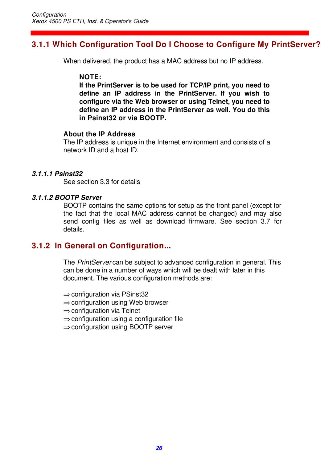 Xerox 4500 ps eth instruction manual General on Configuration, Psinst32, Bootp Server 