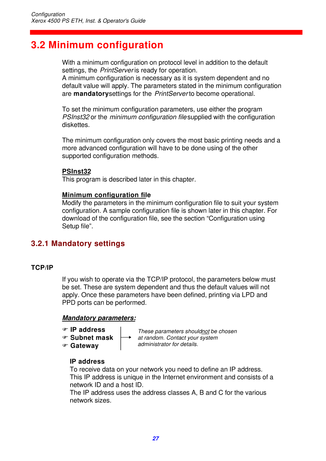 Xerox 4500 ps eth instruction manual Minimum configuration, Mandatory settings, Tcp/Ip, Mandatory parameters 