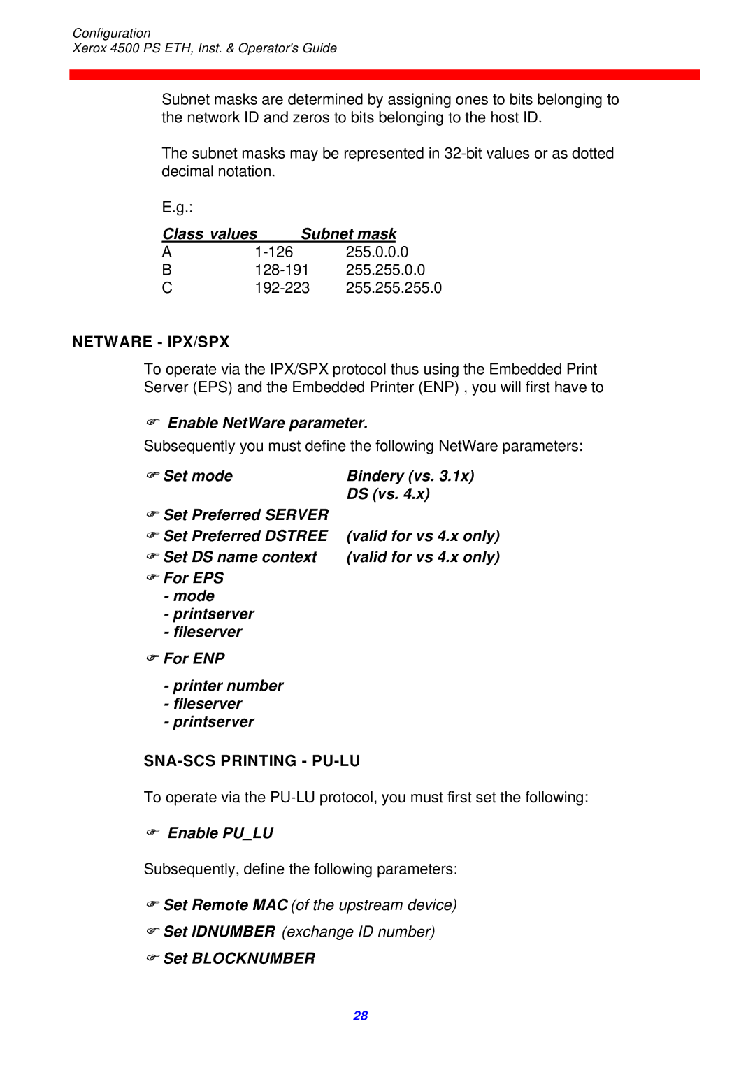 Xerox 4500 ps eth instruction manual Class values Subnet mask, Enable NetWare parameter, Enable Pulu, Set Blocknumber 