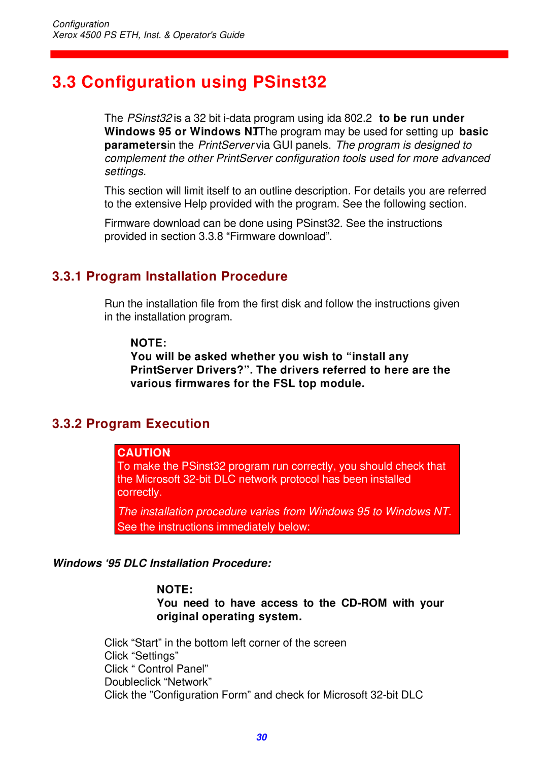 Xerox 4500 ps eth instruction manual Configuration using PSinst32, Program Installation Procedure, Program Execution 