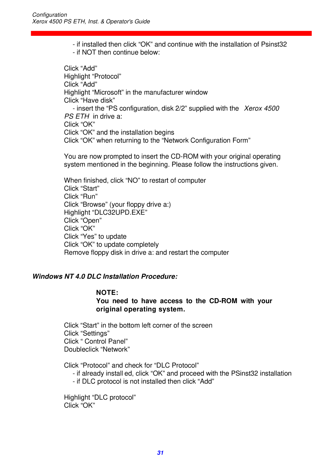 Xerox 4500 ps eth instruction manual Windows NT 4.0 DLC Installation Procedure 