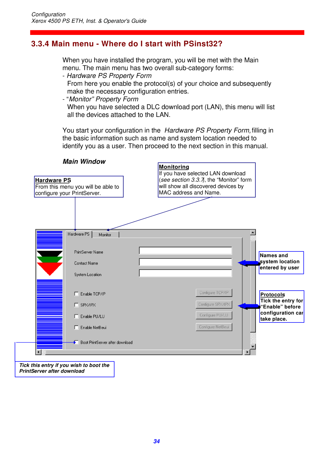 Xerox 4500 ps eth instruction manual Main menu Where do I start with PSinst32?, Main Window 