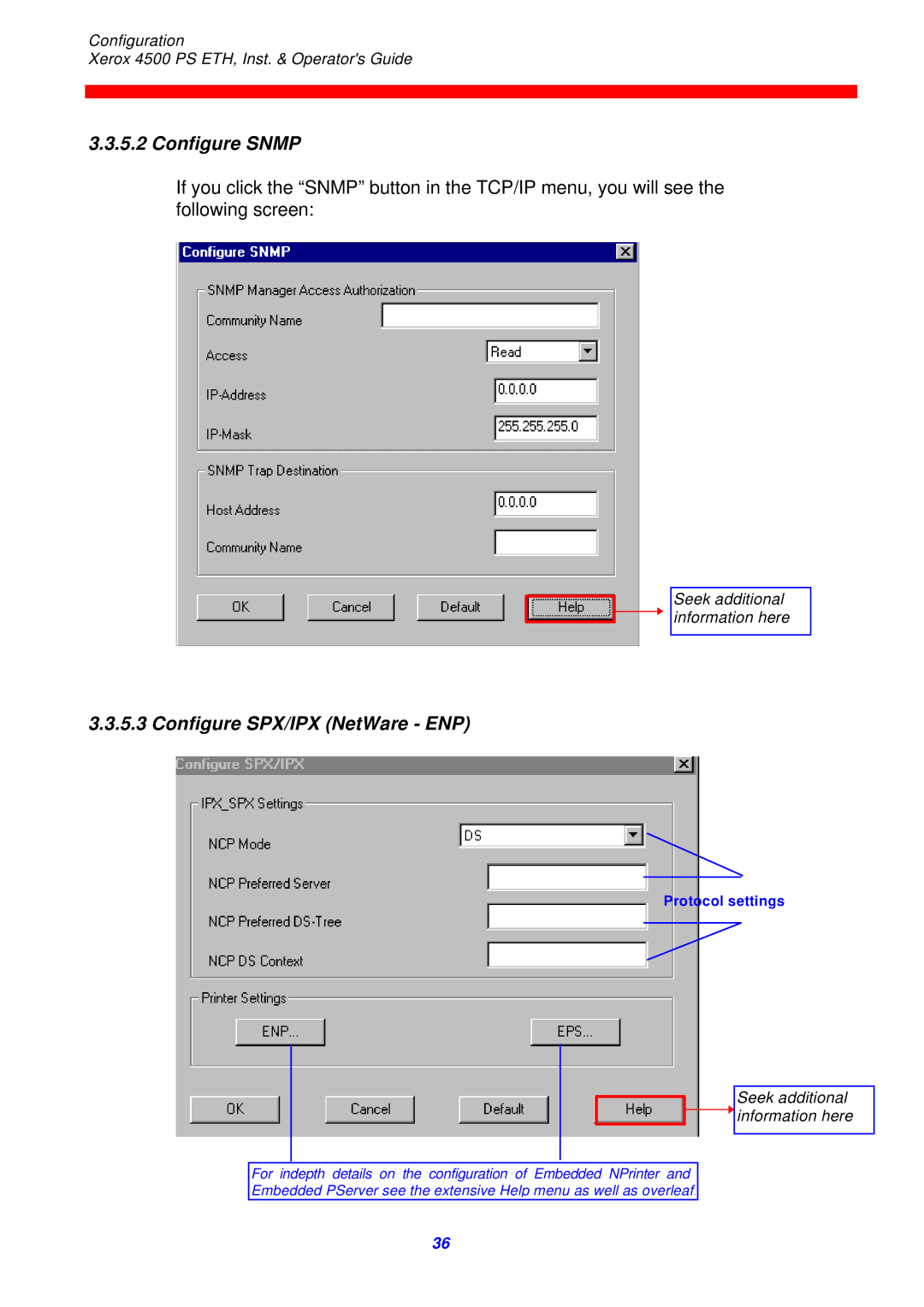 Xerox 4500 ps eth instruction manual Configure Snmp, Configure SPX/IPX NetWare ENP 