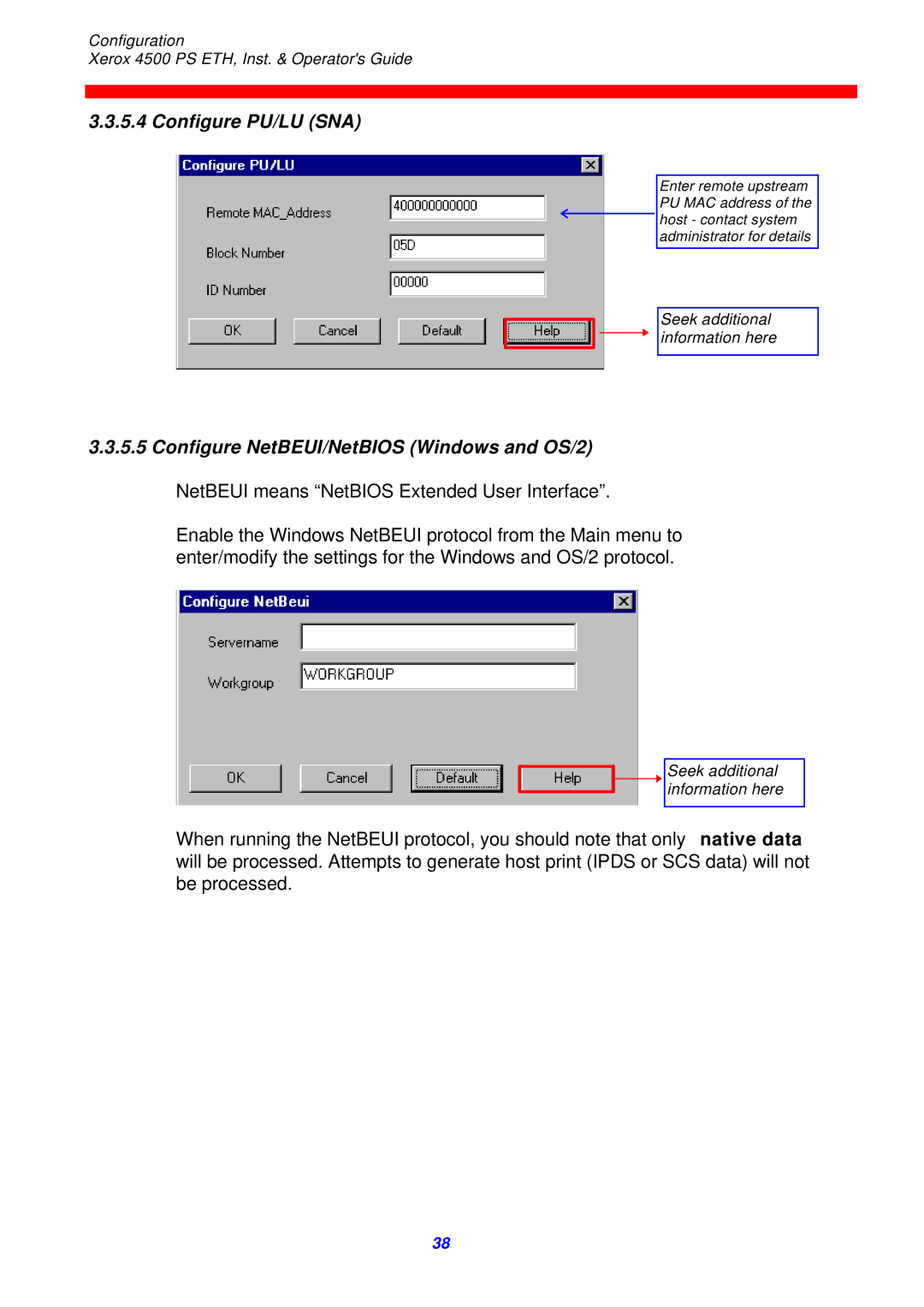 Xerox 4500 ps eth instruction manual Configure PU/LU SNA 