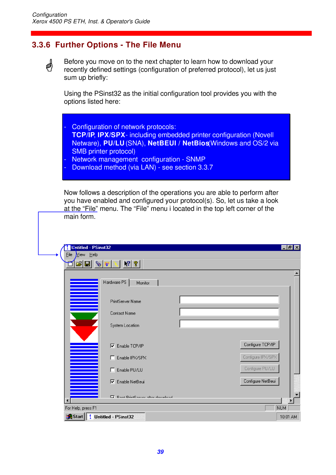 Xerox 4500 ps eth instruction manual Further Options The File Menu 