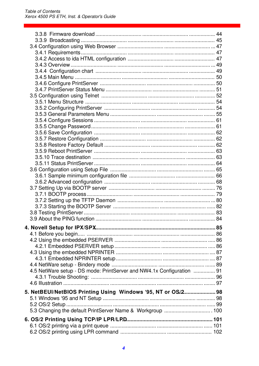 Xerox 4500 ps eth instruction manual Novell Setup for IPX/SPX, NetBEUI/NetBIOS Printing Using Windows ‘95, NT or OS/2 