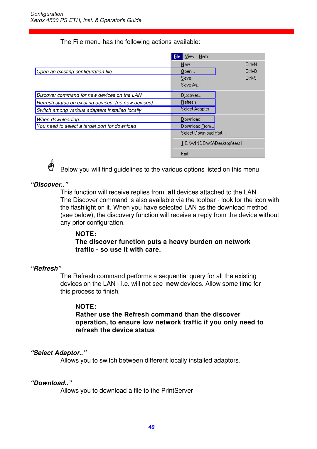 Xerox 4500 ps eth instruction manual Discover, Refresh, Select Adaptor, Download 